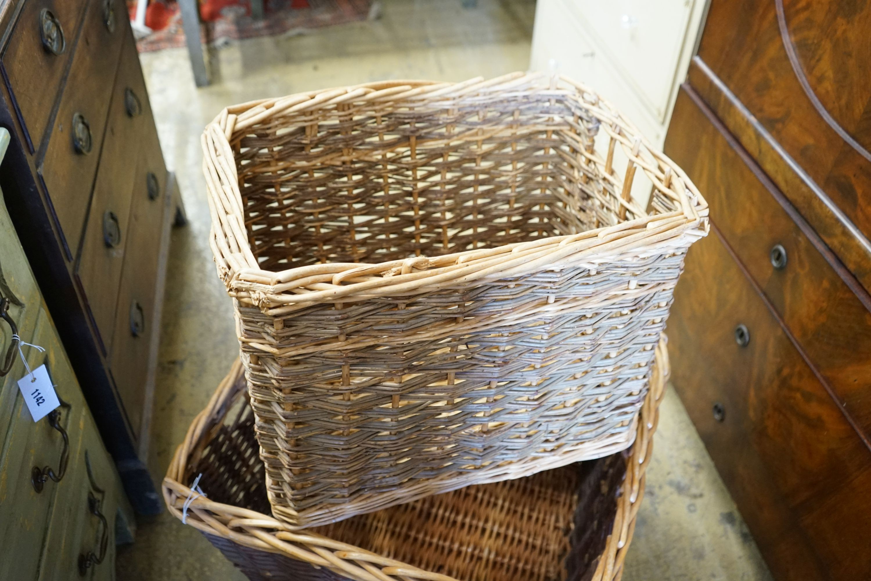 Two rectangular wicker baskets, larger width 63cm, height 42cm